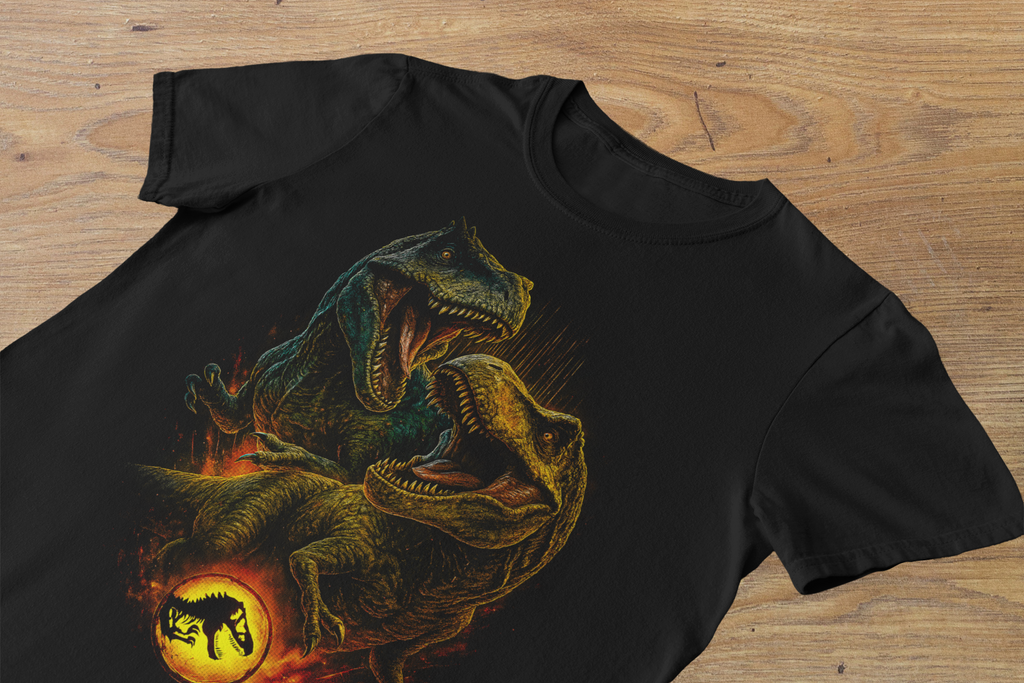 T-shirt Jurassic Park "Double Rex Fury" – Isla Nublar Siege Art / Dinosaur Kingdom Graphic
