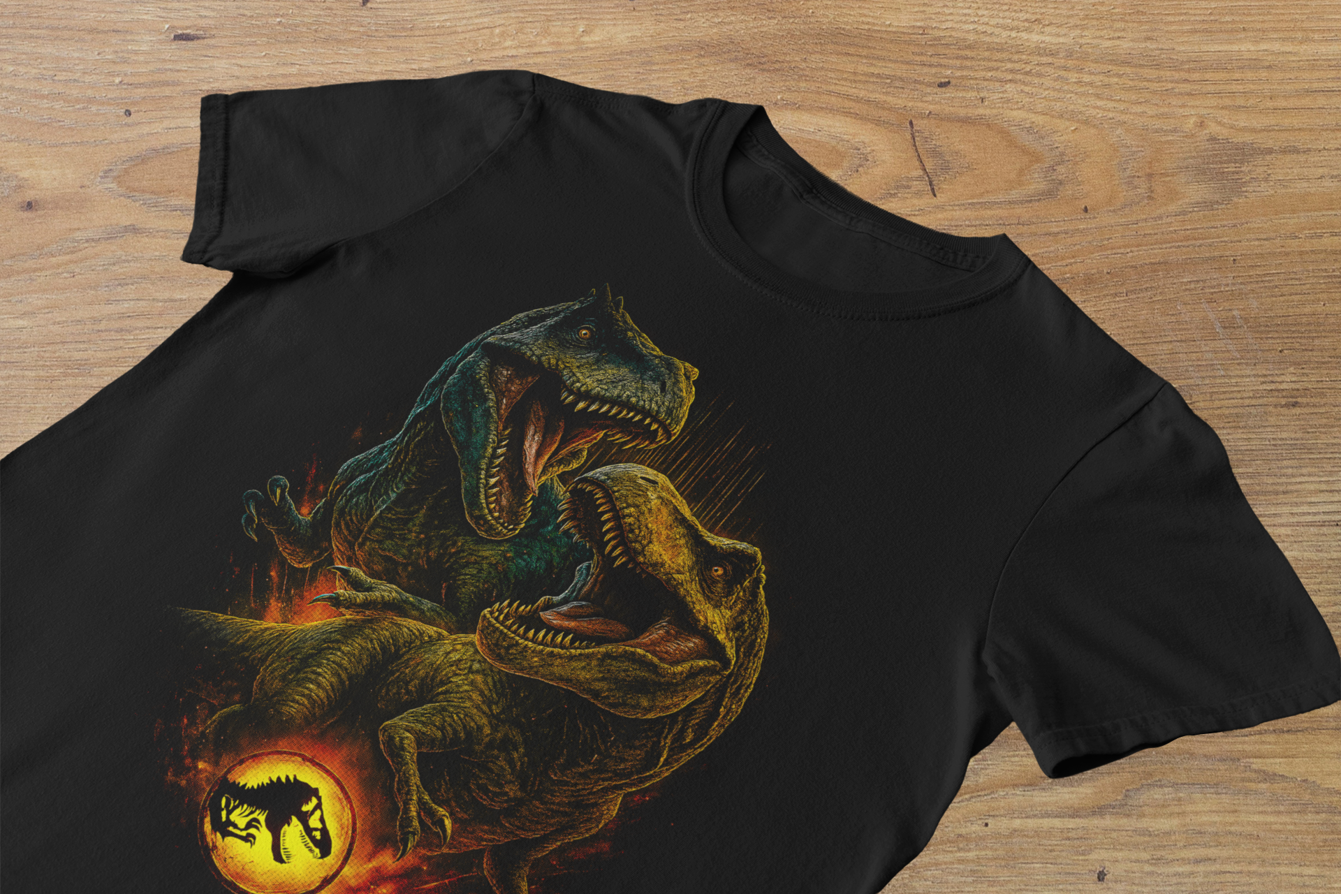 T-shirt Jurassic Park "Double Rex Fury" – Isla Nublar Siege Art / Dinosaur Kingdom Graphic