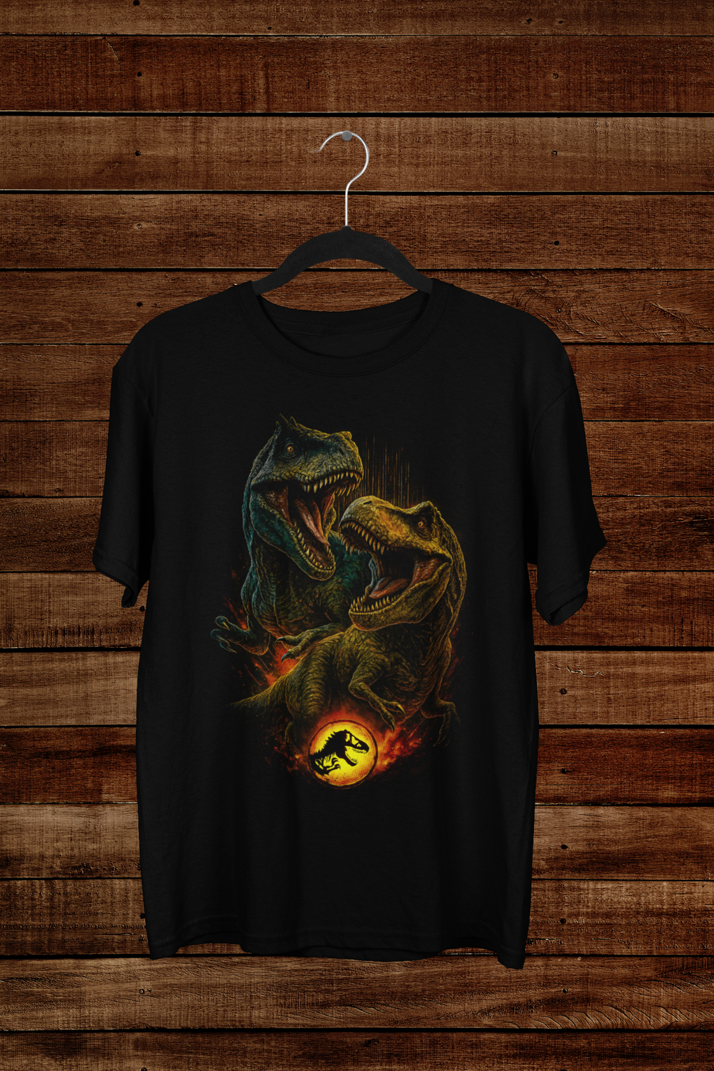 T-shirt Jurassic Park "Double Rex Fury" – Isla Nublar Siege Art / Dinosaur Kingdom Graphic