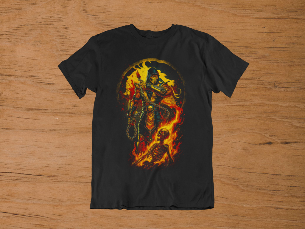 T-shirt Scorpion "Get Over Here!" – Mortal Kombat Hellfire Art / Shirai Ryu Graphic
