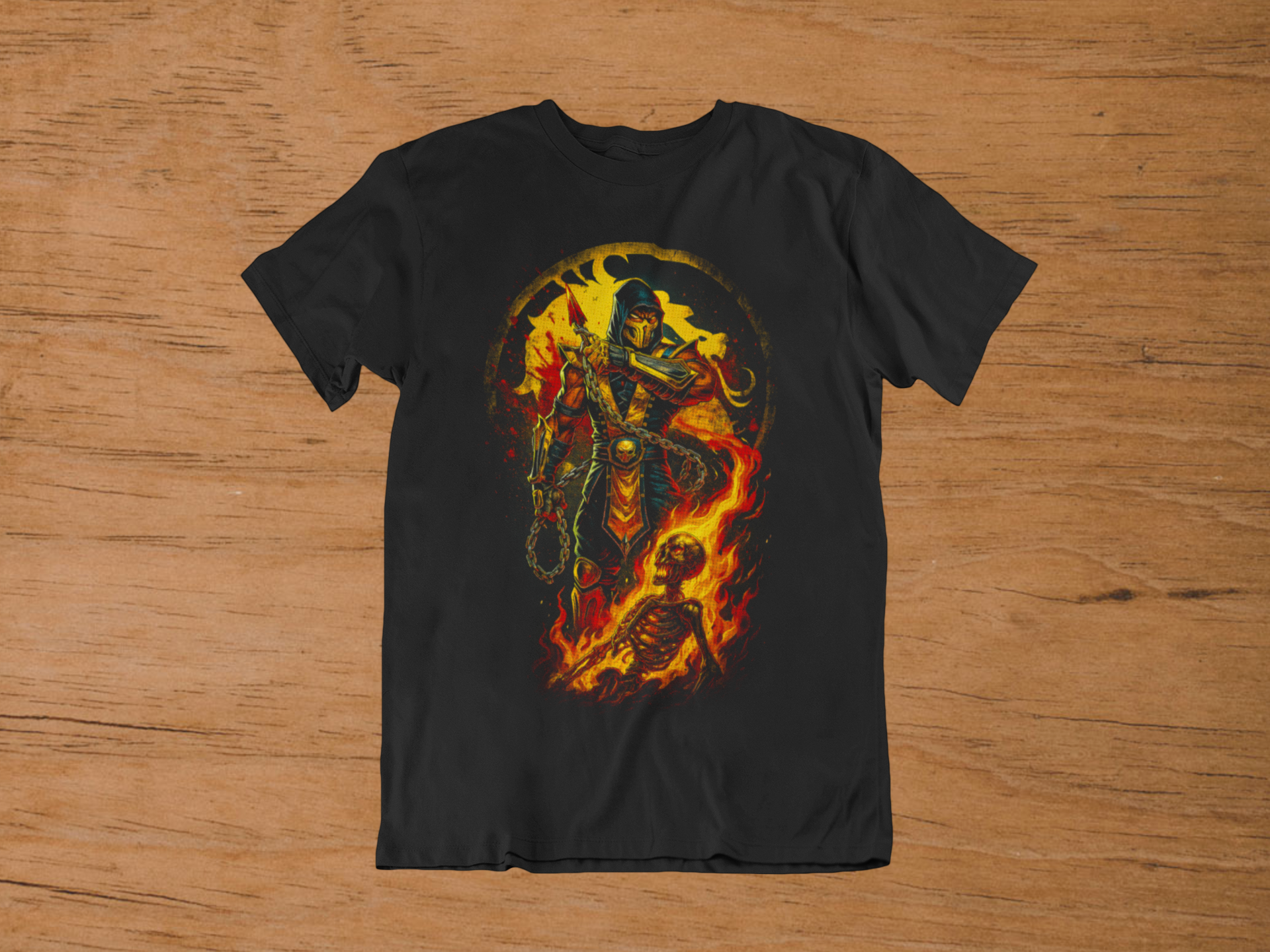 T-shirt Scorpion "Get Over Here!" – Mortal Kombat Hellfire Art / Shirai Ryu Graphic
