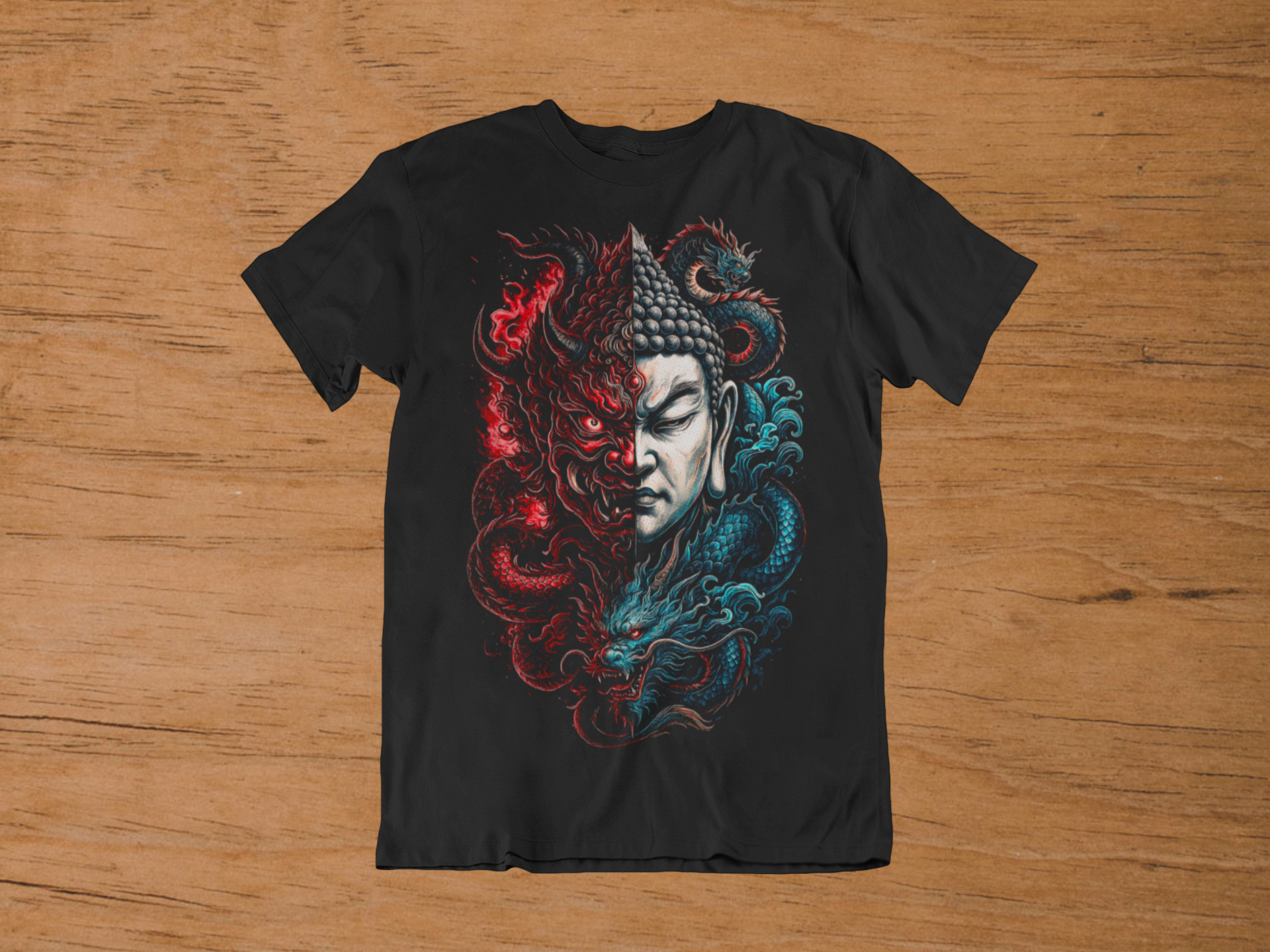 T-shirt Buddha & Demon "The Great Balance" – Dual Nature Art / Japanese Mythology Graphic