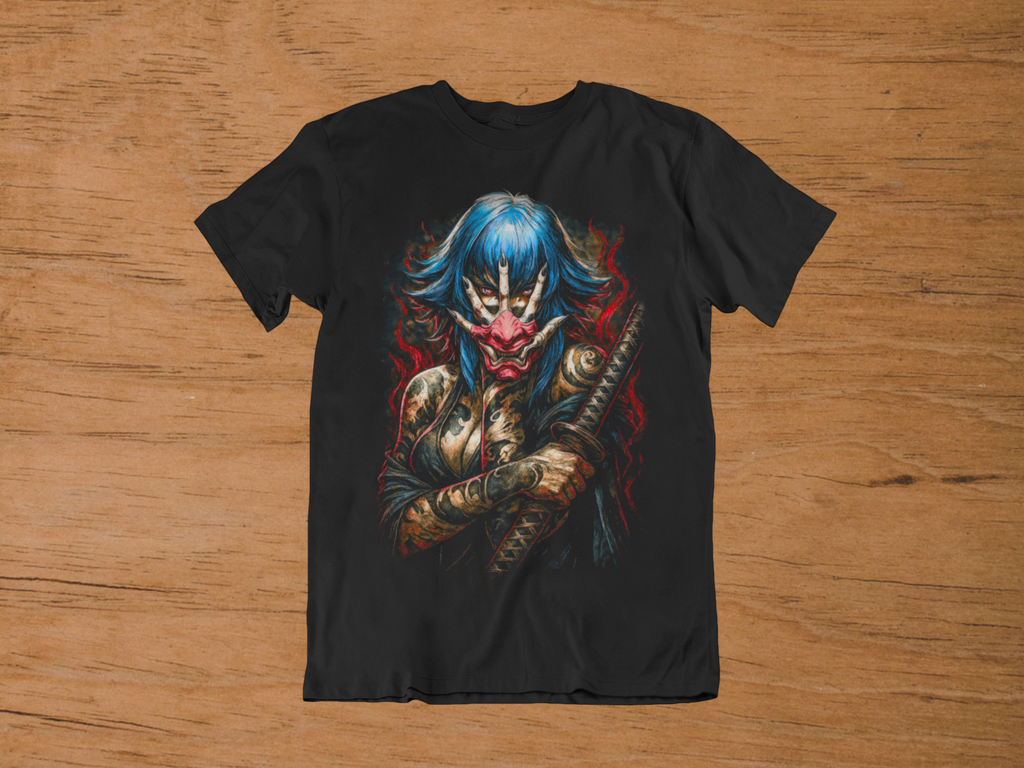 T-shirt Shinobi Blue Oni – Japanese Mask Art / Traditional Tattoo Style