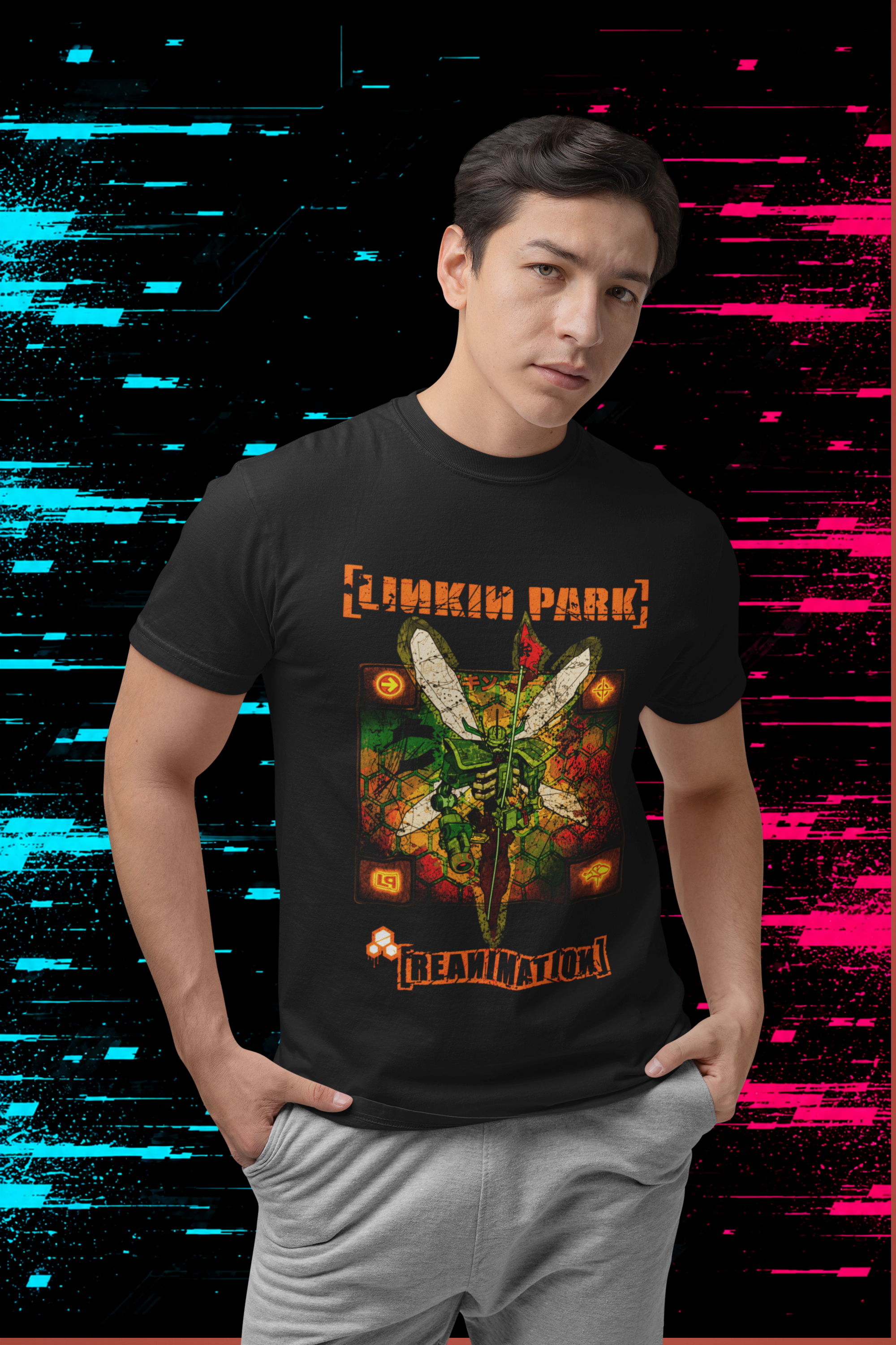 T-shirt Linkin Park "Reanimation" – Mecha Soldier Art / Nu Metal Remix Graphic / Black Band Tee
