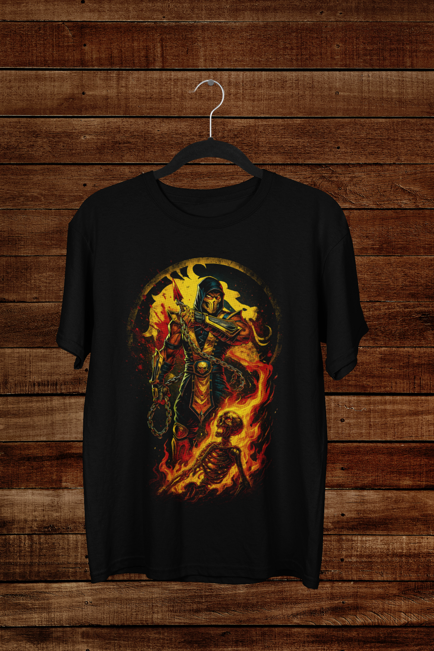 T-shirt Scorpion "Get Over Here!" – Mortal Kombat Hellfire Art / Shirai Ryu Graphic