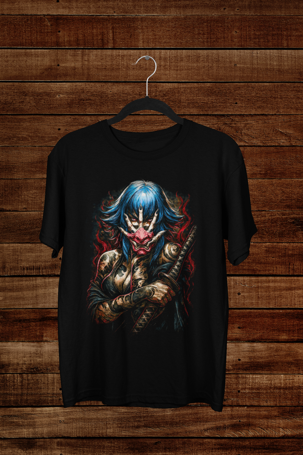 T-shirt Shinobi Blue Oni – Japanese Mask Art / Traditional Tattoo Style