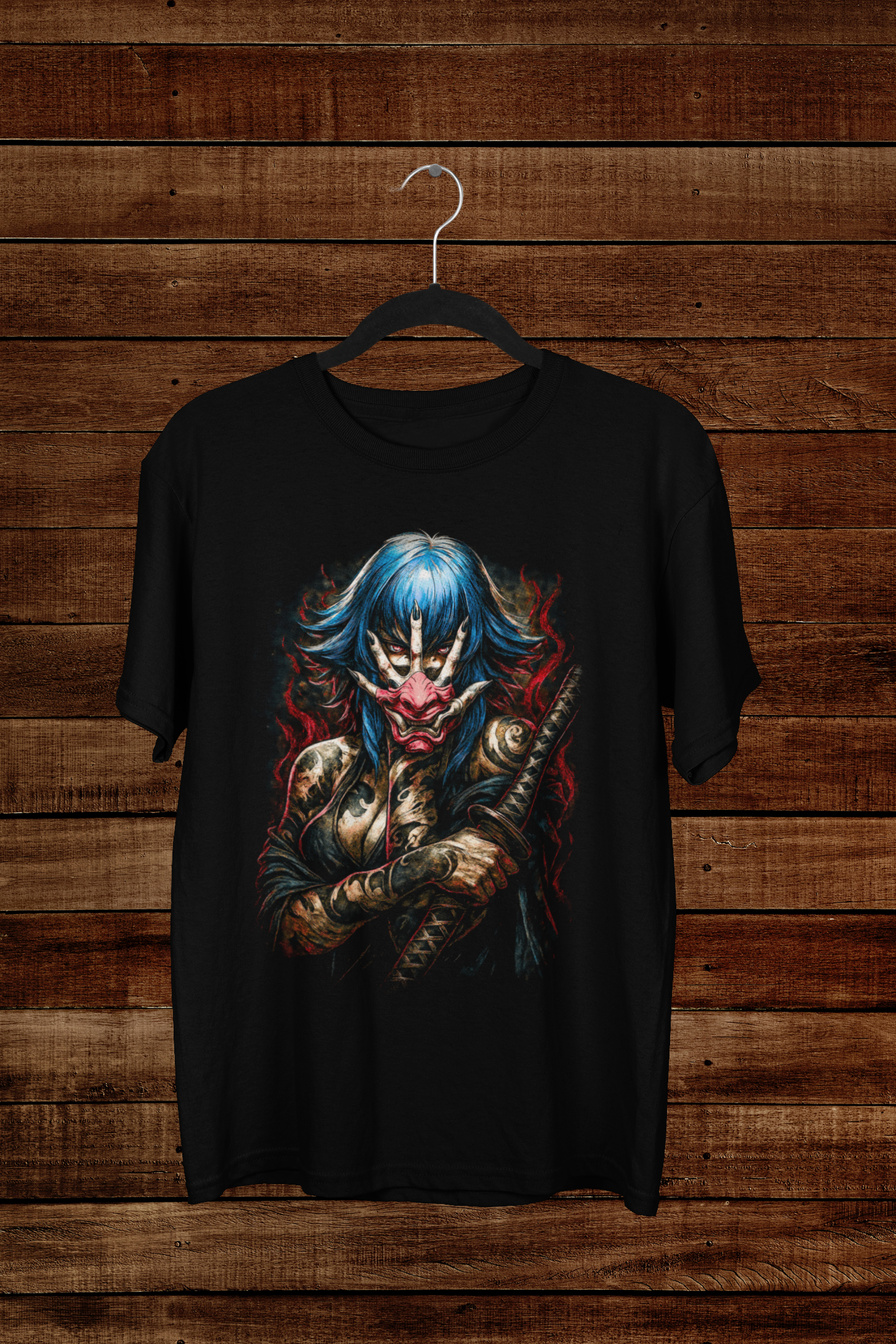 T-shirt Shinobi Blue Oni – Japanese Mask Art / Traditional Tattoo Style