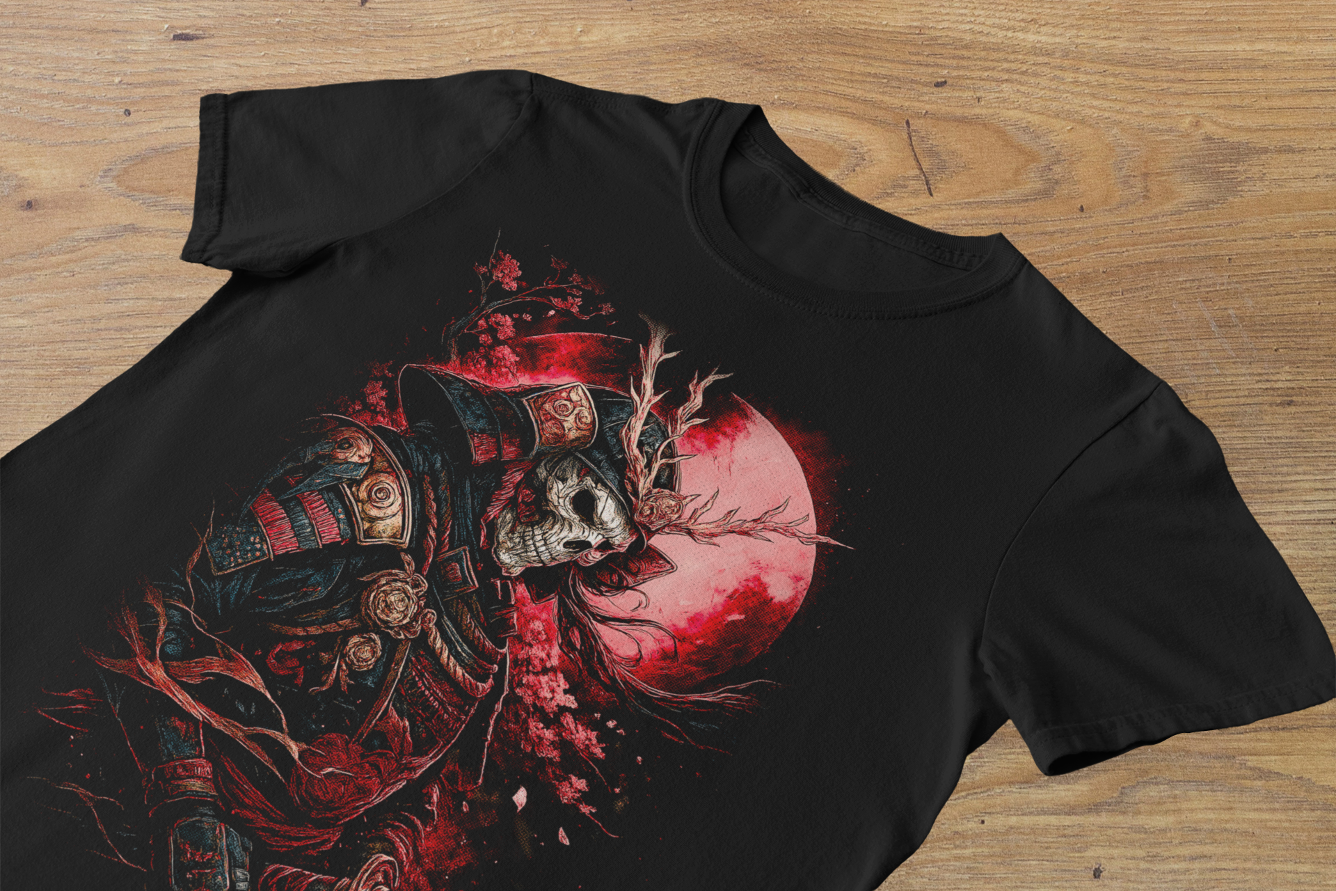 T-shirt Samurai "Skeleton Ronin" – Japanese Bushido Art / Blood Moon Graphic