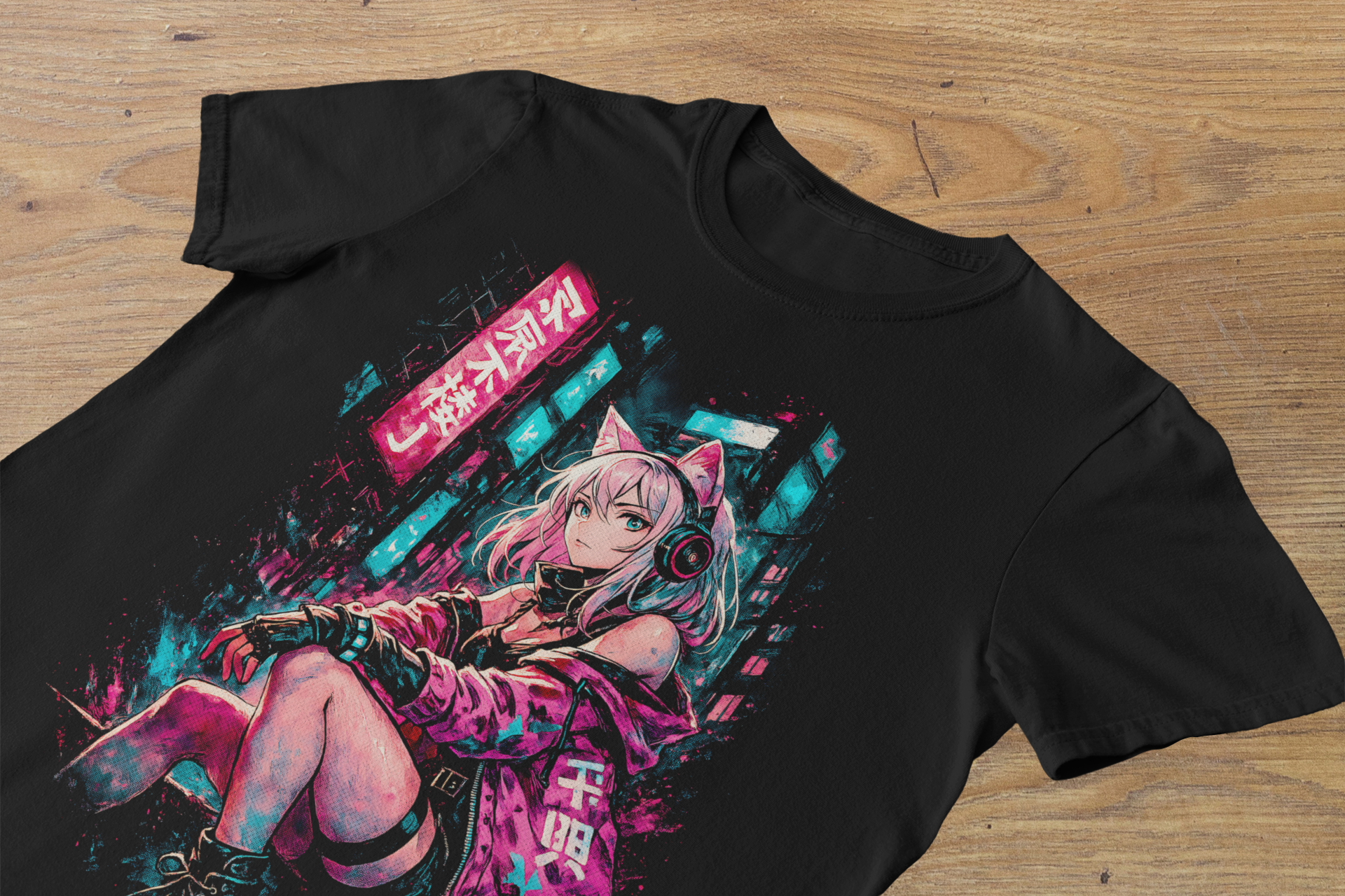 T-shirt Cyber Neko Shinobi – Pink Neon Anime Art / Tokyo Streetwear Graphic