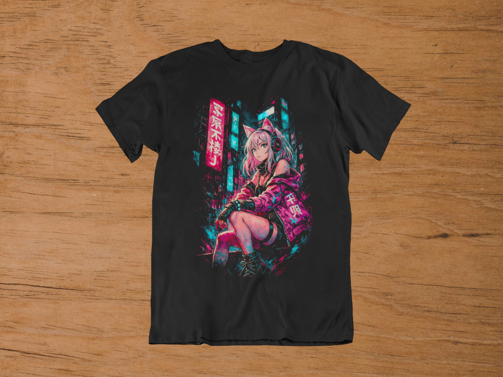 T-shirt Cyber Neko Shinobi – Pink Neon Anime Art / Tokyo Streetwear Graphic