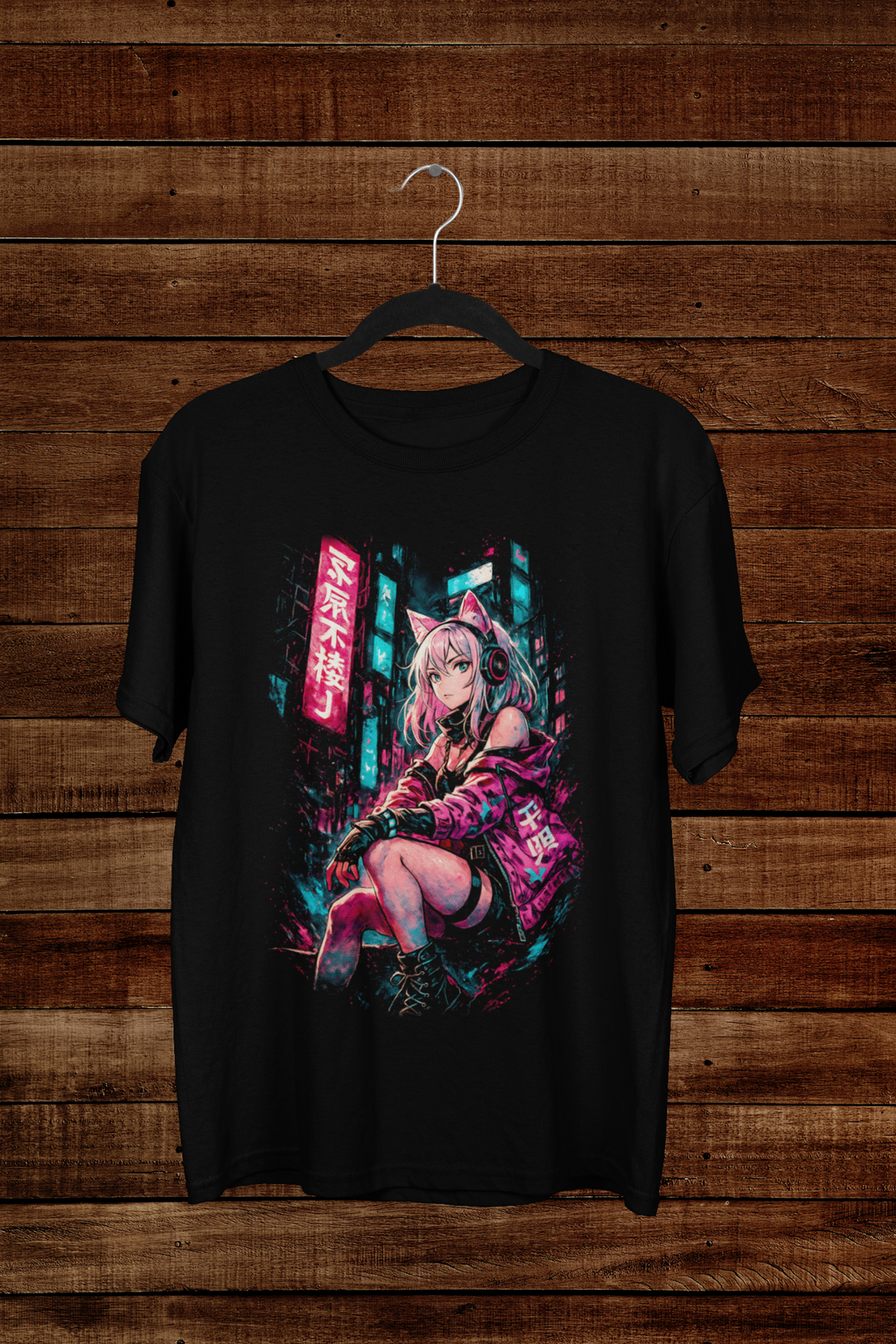 T-shirt Cyber Neko Shinobi – Pink Neon Anime Art / Tokyo Streetwear Graphic