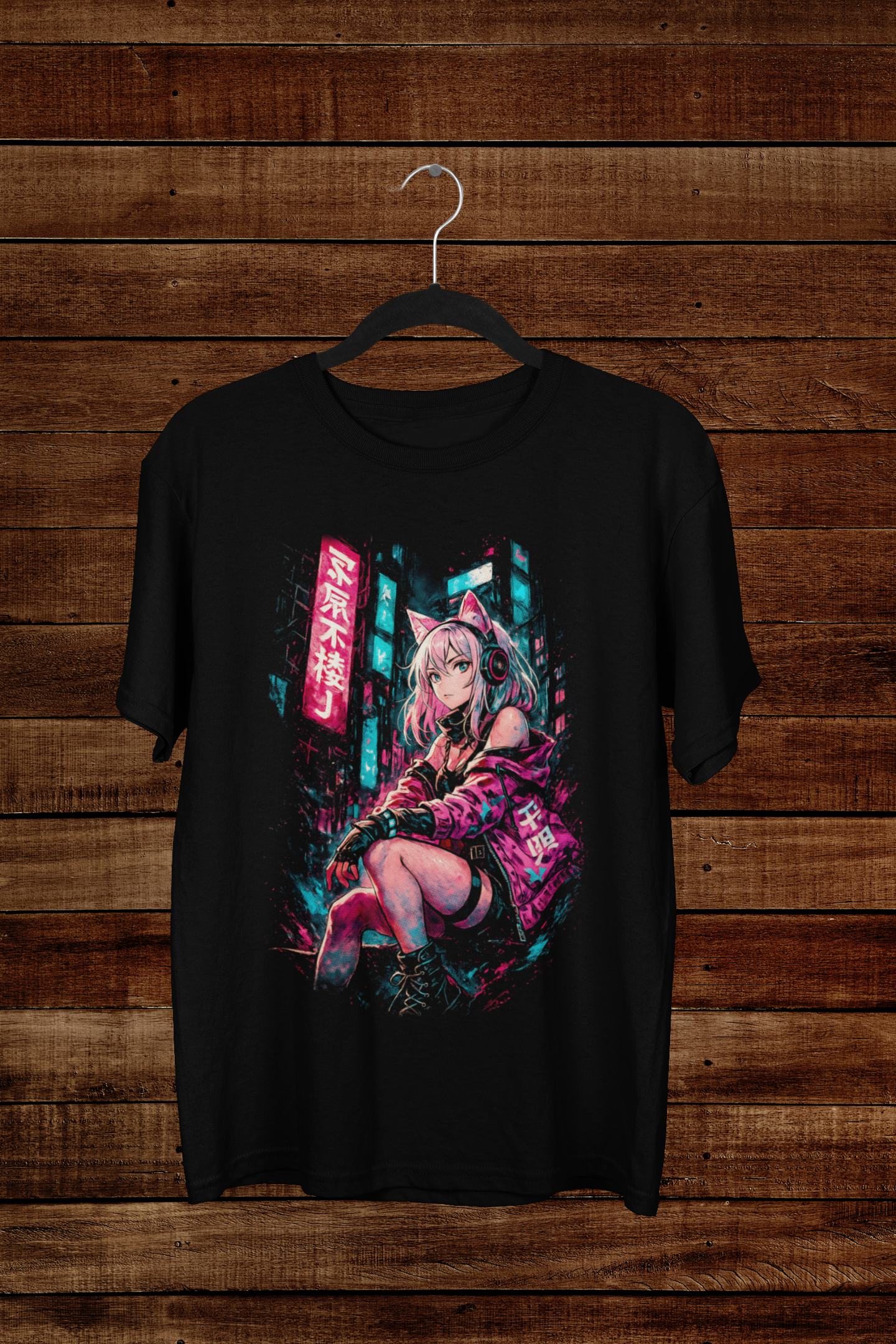 T-shirt Cyber Neko Shinobi – Pink Neon Anime Art / Tokyo Streetwear Graphic