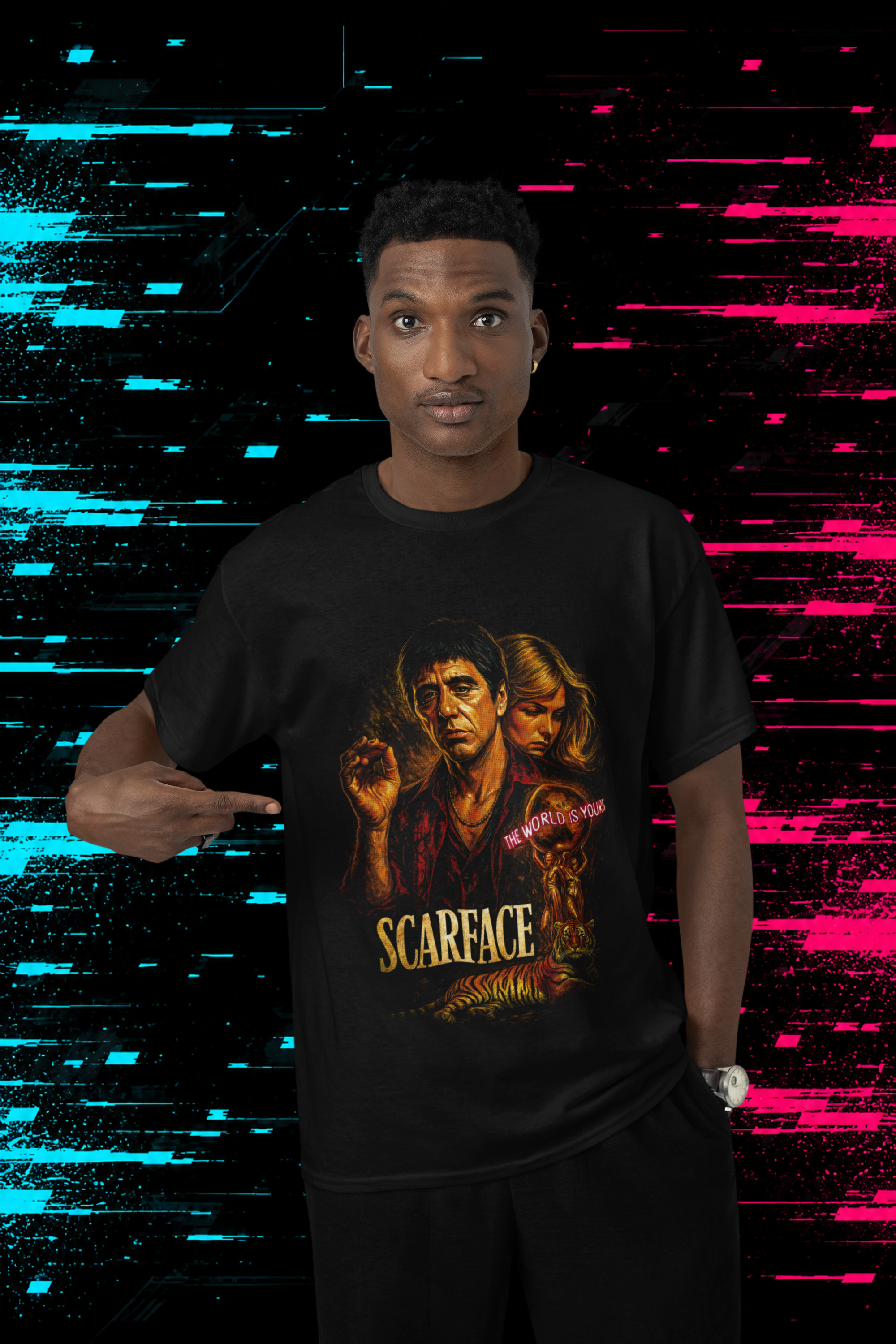 T-shirt Scarface "The World Is Yours" – Tony Montana Portrait / Al Pacino Mafia Graphic