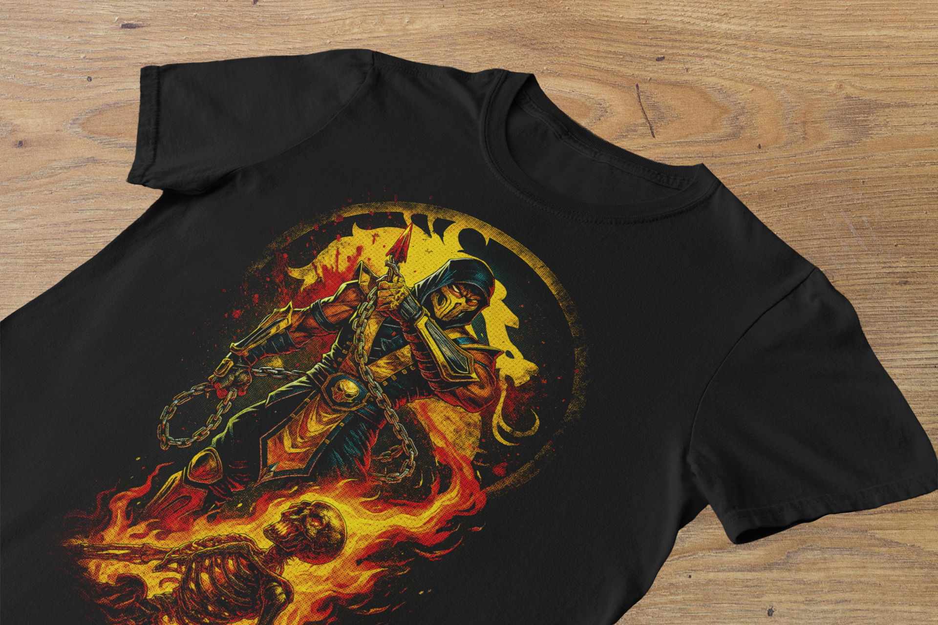 T-shirt Scorpion "Get Over Here!" – Mortal Kombat Hellfire Art / Shirai Ryu Graphic
