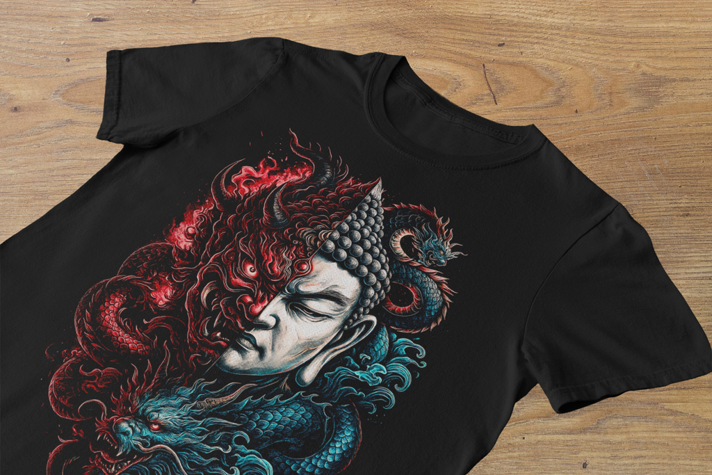 T-shirt Buddha & Demon "The Great Balance" – Dual Nature Art / Japanese Mythology Graphic